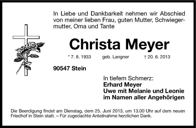  Traueranzeige für Christa Meyer vom 22.06.2013 aus Gesamtausgabe Nürnberger Nachrichten/ Nürnberger Ztg.