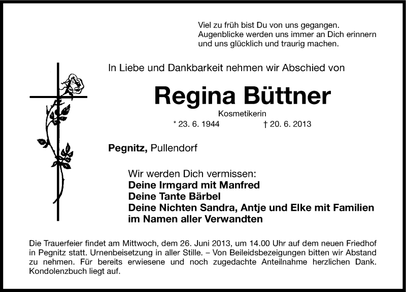  Traueranzeige für Regina Büttner vom 22.06.2013 aus Nordbayerische Nachrichten Pegnitz Lokal