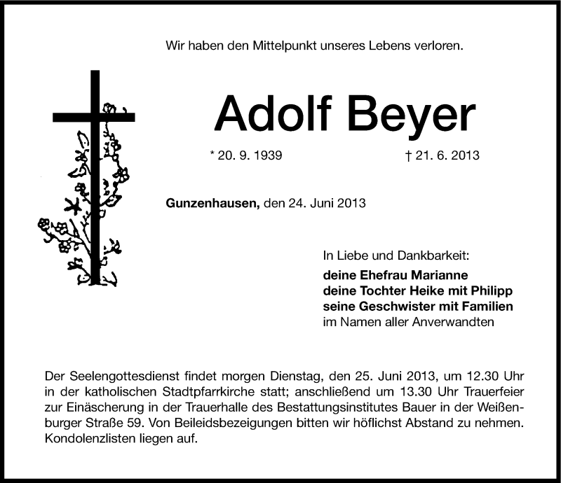  Traueranzeige für Adolf Beyer vom 24.06.2013 aus Altmühl-Bote Lokal