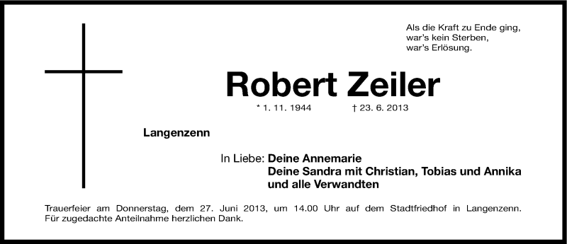  Traueranzeige für Robert Zeiler vom 24.06.2013 aus Fürther Nachrichten Lokal