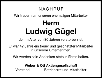 Traueranzeige von Ludwig Gügel von Nordbayerische Nachrichten Forchheim Lokal