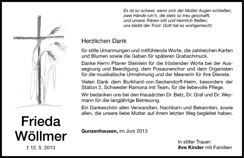  Traueranzeige für Frieda Wöllmer vom 25.06.2013 aus Altmühl-Bote Lokal