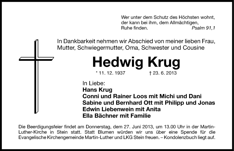  Traueranzeige für Hedwig Krug vom 26.06.2013 aus Gesamtausgabe Nürnberger Nachrichten/ Nürnberger Ztg.