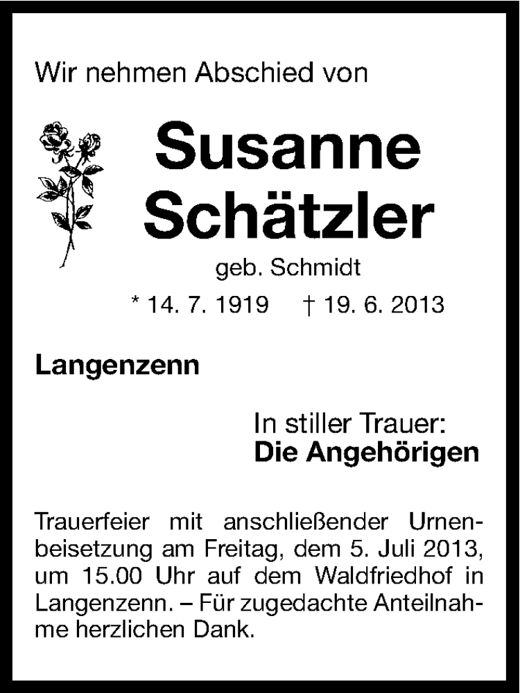  Traueranzeige für Susanne Schätzler vom 03.07.2013 aus Fürther Nachrichten Lokal