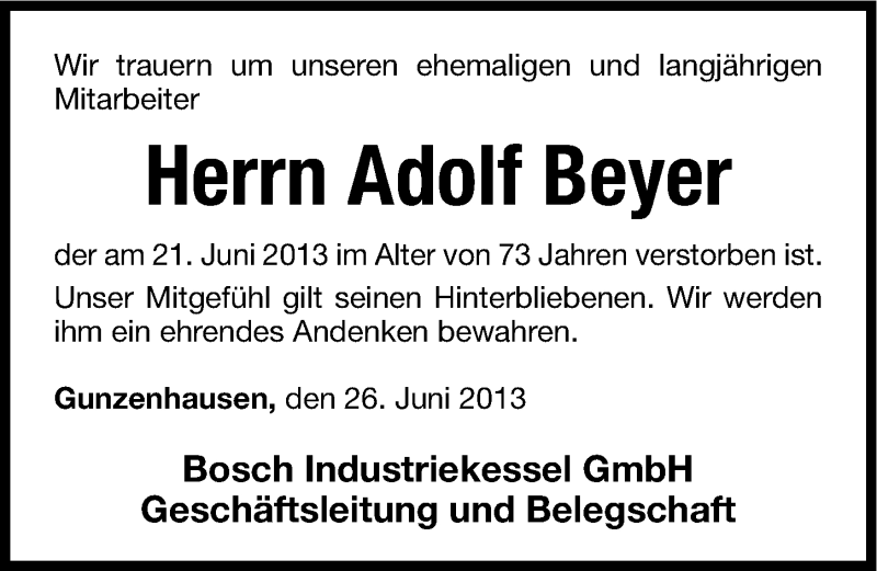  Traueranzeige für Adolf Beyer vom 26.06.2013 aus Altmühl-Bote Lokal
