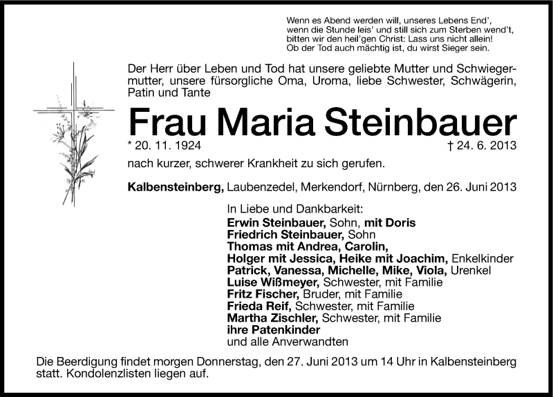  Traueranzeige für Maria Steinbauer vom 26.06.2013 aus Altmühl-Bote Lokal