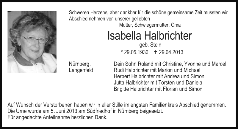  Traueranzeige für Isabella Halbrichter vom 29.06.2013 aus Gesamtausgabe Nürnberger Nachrichten/ Nürnberger Ztg.