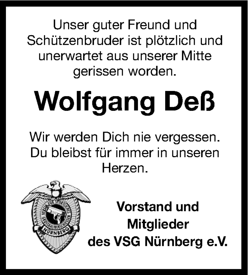  Traueranzeige für Wolfgang Deß vom 29.06.2013 aus Gesamtausgabe Nürnberger Nachrichten/ Nürnberger Ztg.