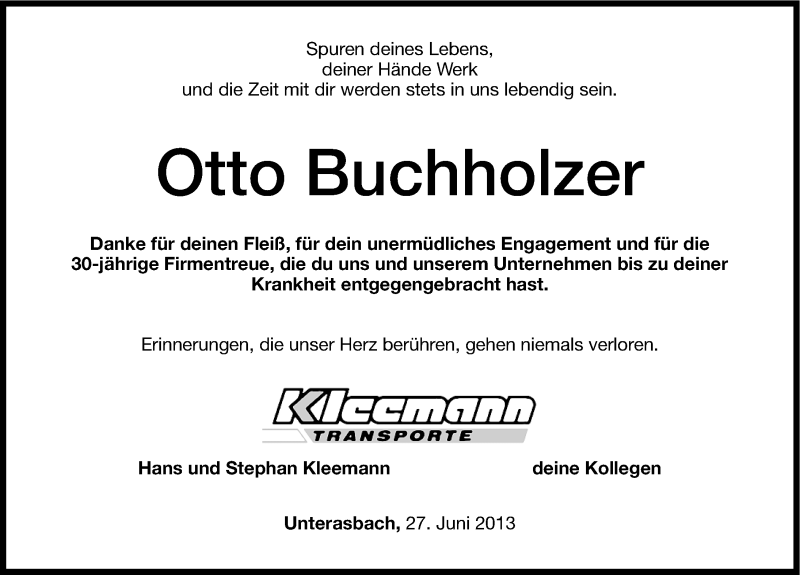 Traueranzeige für Otto Buchholzer vom 27.06.2013 aus Altmühl-Bote Lokal