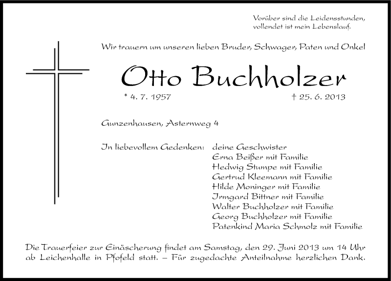  Traueranzeige für Otto Buchholzer vom 27.06.2013 aus Altmühl-Bote Lokal