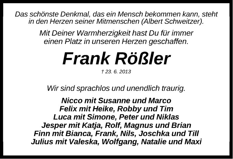  Traueranzeige für Frank Rößler vom 29.06.2013 aus Erlanger Nachrichten Lokal