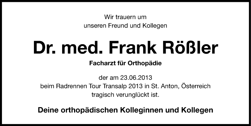  Traueranzeige für Frank Rößler vom 29.06.2013 aus Gesamtausgabe Nürnberger Nachrichten/ Nürnberger Ztg.