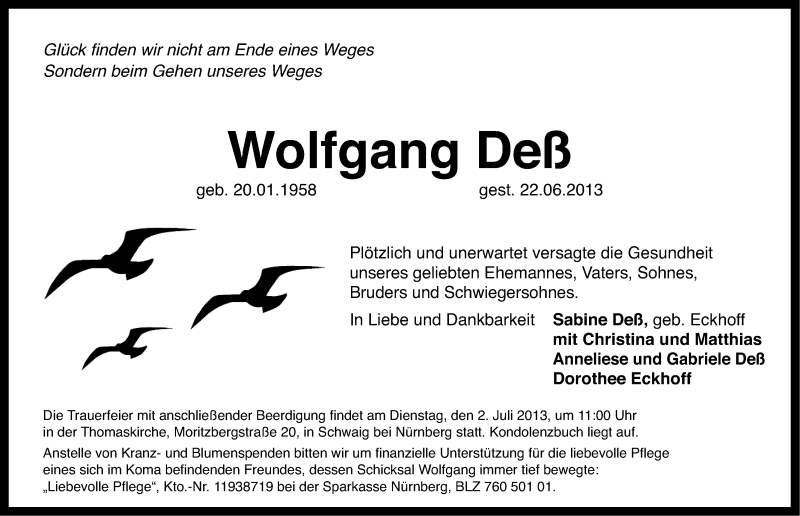  Traueranzeige für Wolfgang Deß vom 29.06.2013 aus Gesamtausgabe Nürnberger Nachrichten/ Nürnberger Ztg.