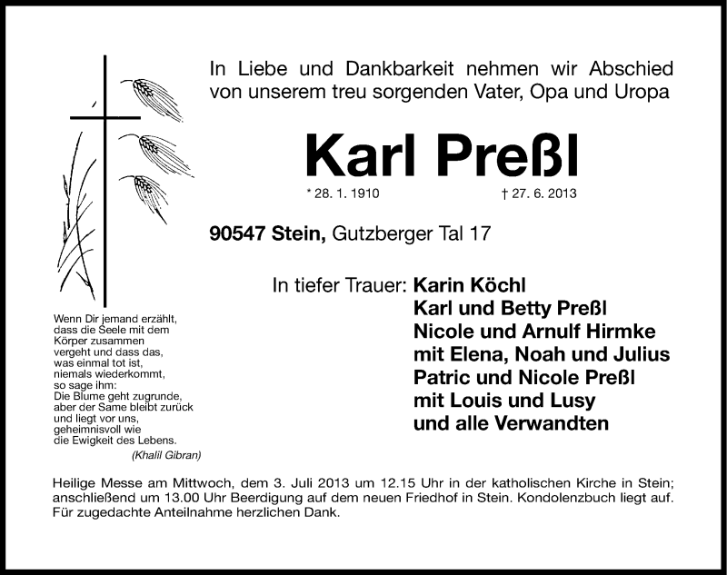  Traueranzeige für Karl Preßl vom 29.06.2013 aus Gesamtausgabe Nürnberger Nachrichten/ Nürnberger Ztg.