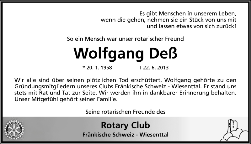  Traueranzeige für Wolfgang Deß vom 29.06.2013 aus Gesamtausgabe Nürnberger Nachrichten/ Nürnberger Ztg.