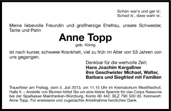 Traueranzeige von Anne Topp von Gesamtausgabe Nürnberger Nachrichten/ Nürnberger Ztg.