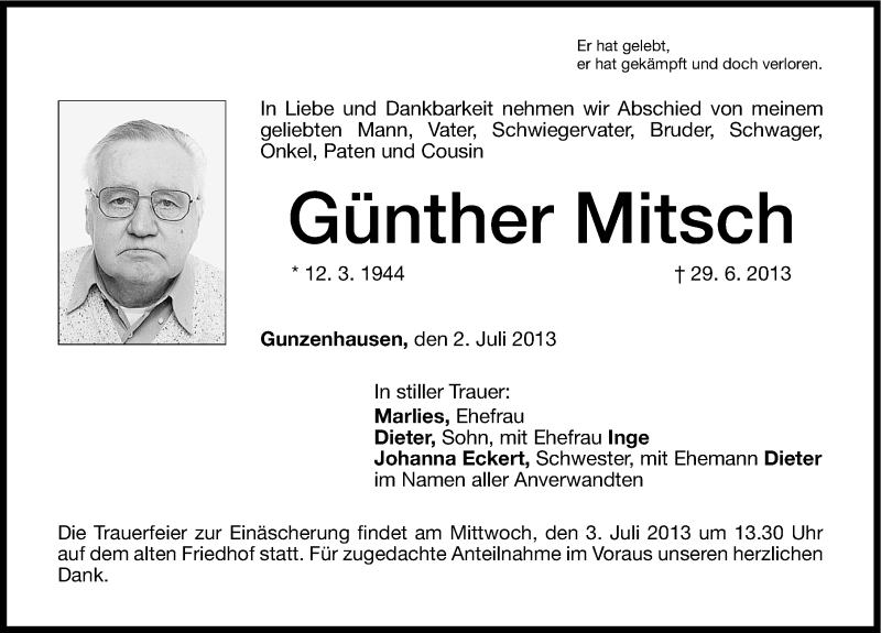  Traueranzeige für Günther Mitsch vom 02.07.2013 aus Altmühl-Bote Lokal