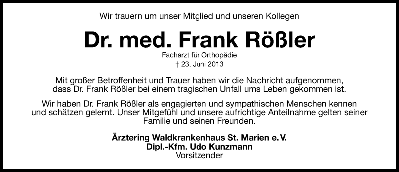  Traueranzeige für Frank Rößler vom 02.07.2013 aus Erlanger Nachrichten Lokal