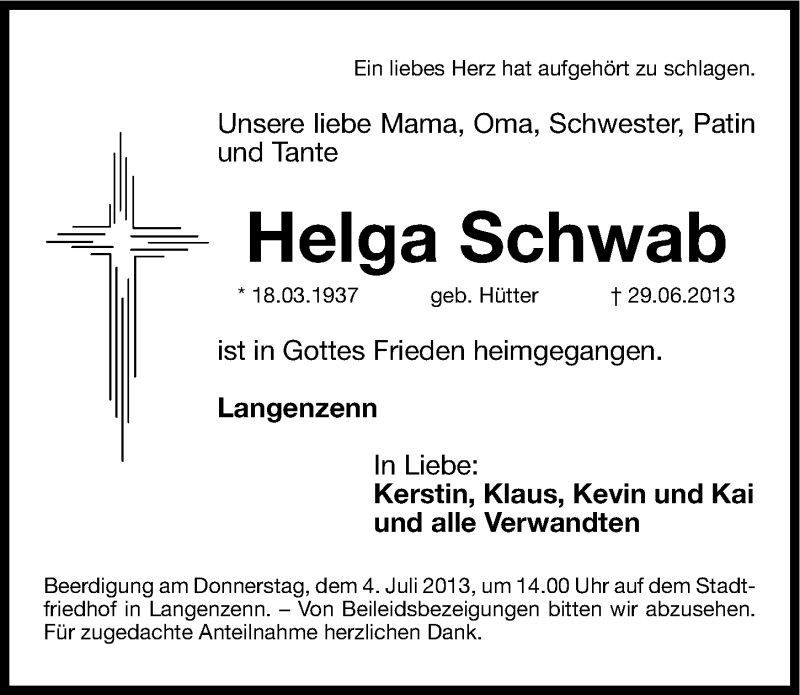  Traueranzeige für Helga Schwab vom 02.07.2013 aus Fürther Nachrichten Lokal