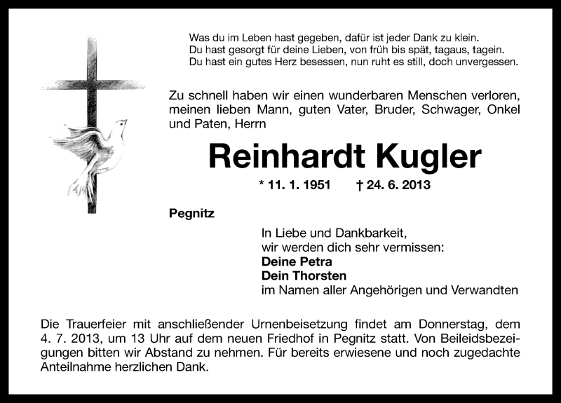  Traueranzeige für Reinhardt Kugler vom 02.07.2013 aus Nordbayerische Nachrichten Pegnitz Lokal