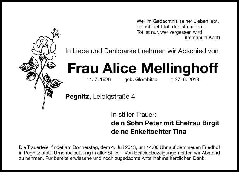  Traueranzeige für Alice Mellinghoff vom 02.07.2013 aus Nordbayerische Nachrichten Pegnitz Lokal