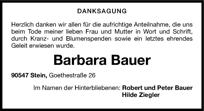  Traueranzeige für Barbara Bauer vom 06.07.2013 aus Gesamtausgabe Nürnberger Nachrichten/ Nürnberger Ztg.