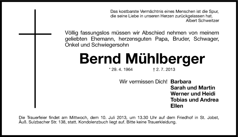  Traueranzeige für Bernd Mühlberger vom 06.07.2013 aus Gesamtausgabe Nürnberger Nachrichten/ Nürnberger Ztg.