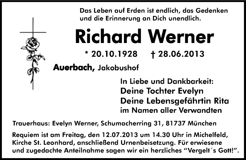  Traueranzeige für Richard Werner vom 06.07.2013 aus Nordbayerische Nachrichten Pegnitz Lokal