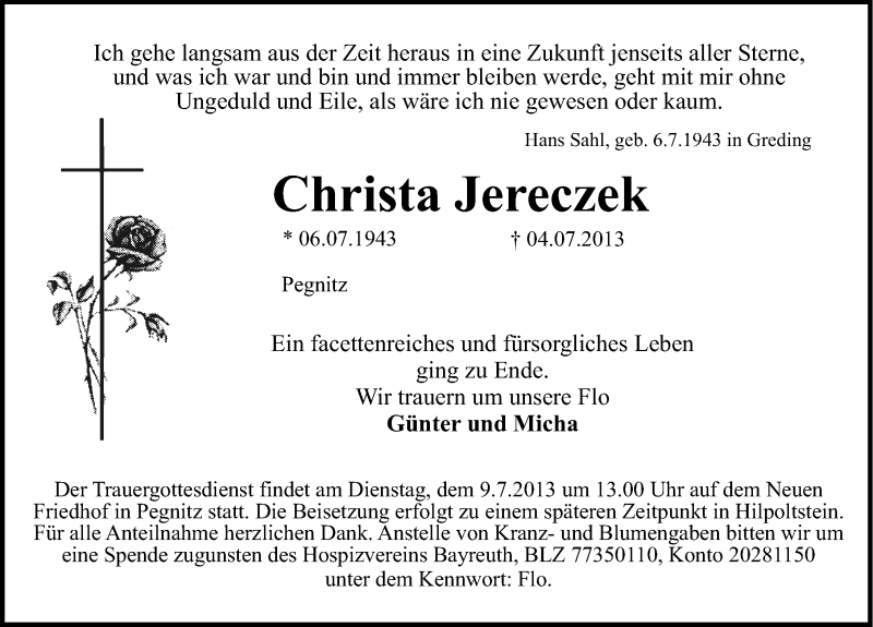  Traueranzeige für Christa Jereczek vom 06.07.2013 aus Nordbayerische Nachrichten Pegnitz Lokal