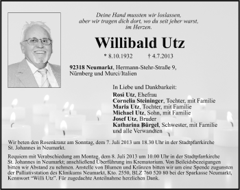 Traueranzeige von Willibald Utz von Neumarkter Nachrichten Lokal