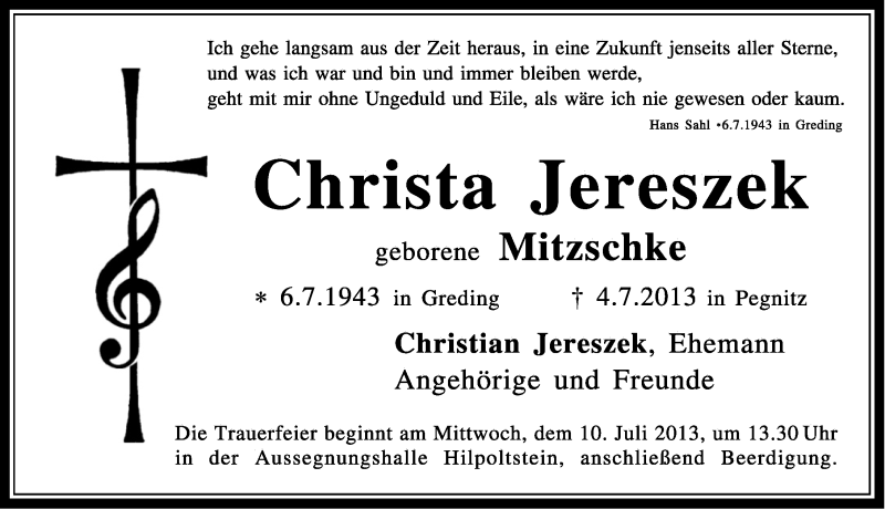  Traueranzeige für Christa Jereszek vom 08.07.2013 aus Roth-Hilpoltsteiner Volkszeitung Lokal