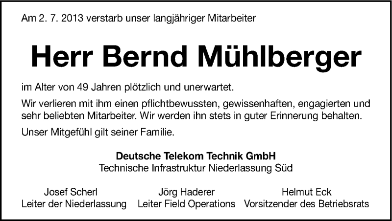  Traueranzeige für Bernd Mühlberger vom 09.07.2013 aus Gesamtausgabe Nürnberger Nachrichten/ Nürnberger Ztg.