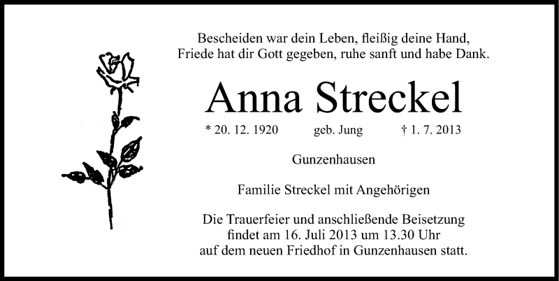  Traueranzeige für Anna Streckel vom 13.07.2013 aus Altmühl-Bote Lokal