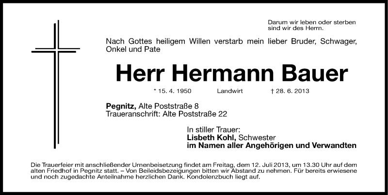  Traueranzeige für Hermann Bauer vom 11.07.2013 aus Nordbayerische Nachrichten Pegnitz Lokal
