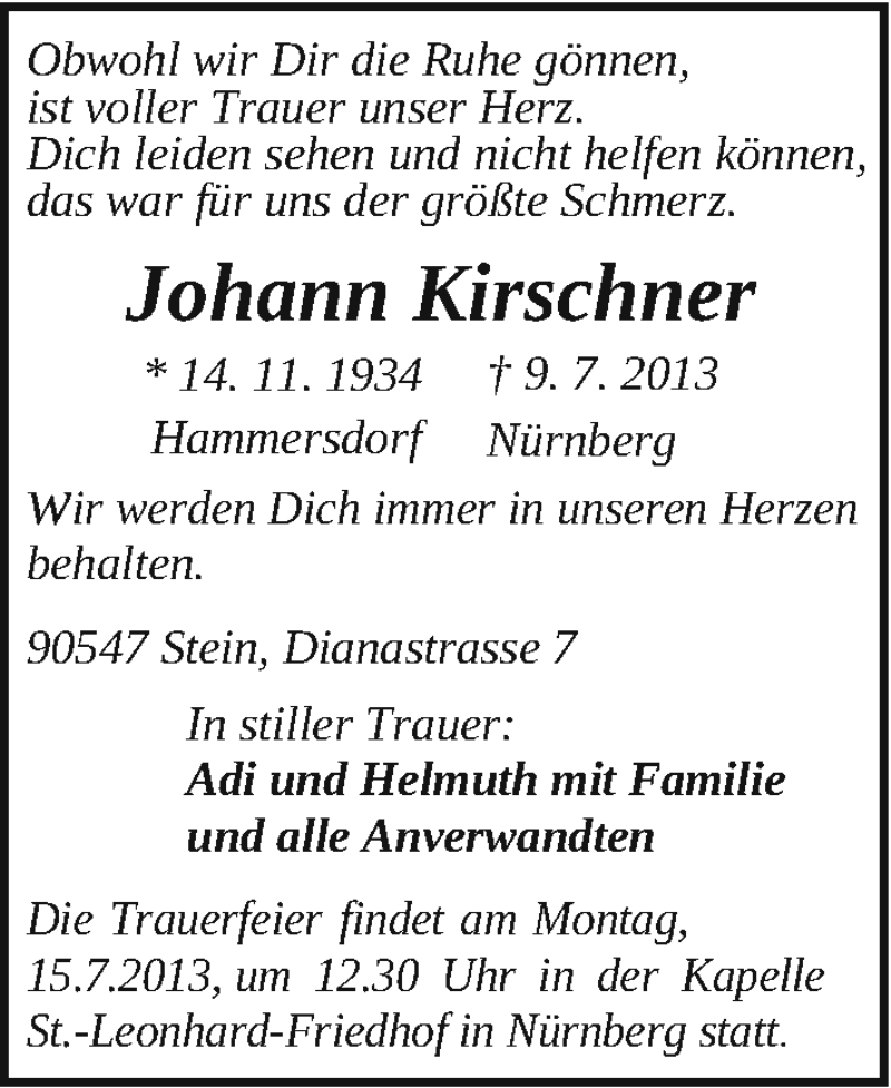  Traueranzeige für Johann Kirschner vom 13.07.2013 aus Gesamtausgabe Nürnberger Nachrichten/ Nürnberger Ztg.