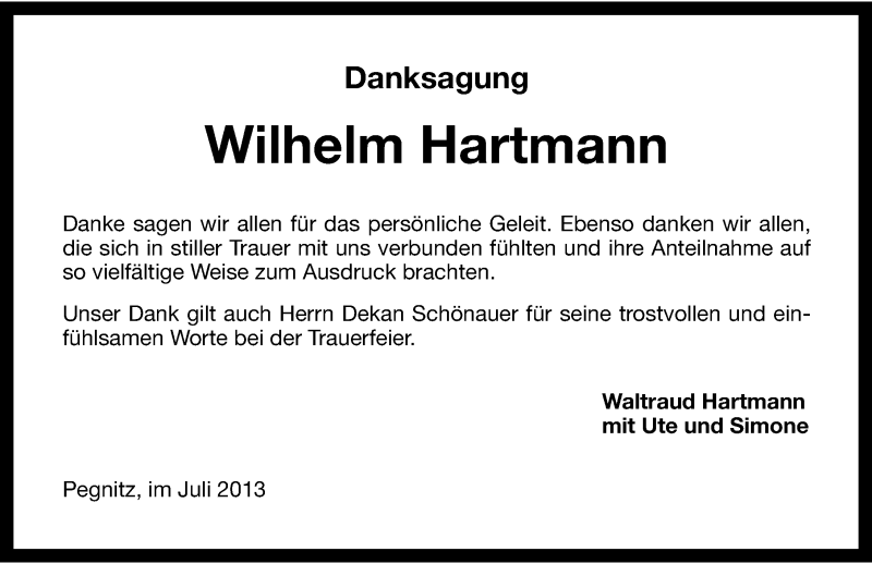  Traueranzeige für Wilhelm Hartmann vom 13.07.2013 aus Nordbayerische Nachrichten Pegnitz Lokal