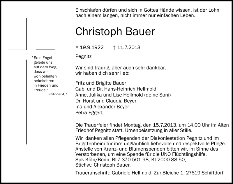  Traueranzeige für Christoph Bauer vom 12.07.2013 aus Nordbayerische Nachrichten Pegnitz Lokal