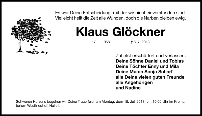  Traueranzeige für Klaus Glöckner vom 13.07.2013 aus Gesamtausgabe Nürnberger Nachrichten/ Nürnberger Ztg.