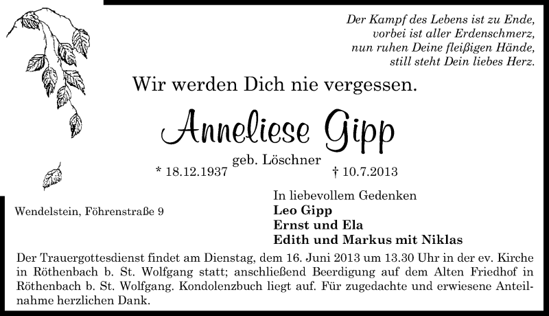  Traueranzeige für Anneliese Gipp vom 13.07.2013 aus Gesamtausgabe Nürnberger Nachrichten/ Nürnberger Ztg.