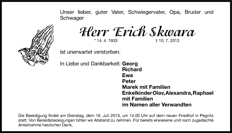  Traueranzeige für Erich Skwara vom 13.07.2013 aus Nordbayerische Nachrichten Pegnitz Lokal