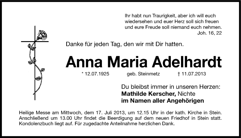  Traueranzeige für Anna Maria Adelhardt vom 13.07.2013 aus Gesamtausgabe Nürnberger Nachrichten/ Nürnberger Ztg.