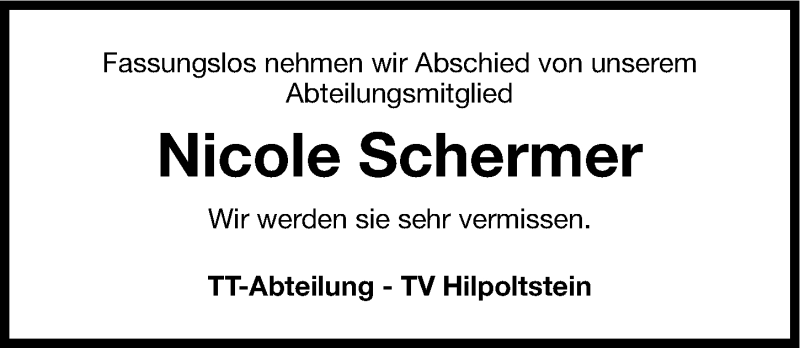  Traueranzeige für Nicole Schermer vom 15.07.2013 aus Roth-Hilpoltsteiner Volkszeitung Lokal