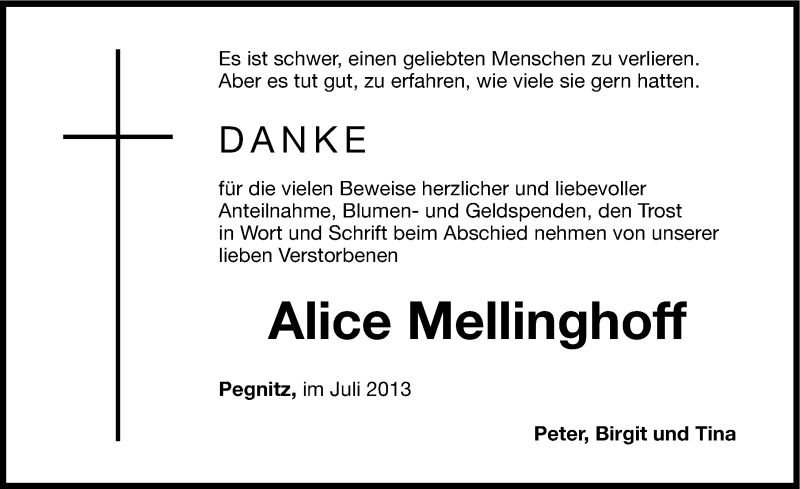  Traueranzeige für Alice Mellinghoff vom 15.07.2013 aus Nordbayerische Nachrichten Pegnitz Lokal