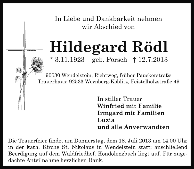  Traueranzeige für Hildegard Rödl vom 16.07.2013 aus Gesamtausgabe Nürnberger Nachrichten/ Nürnberger Ztg.