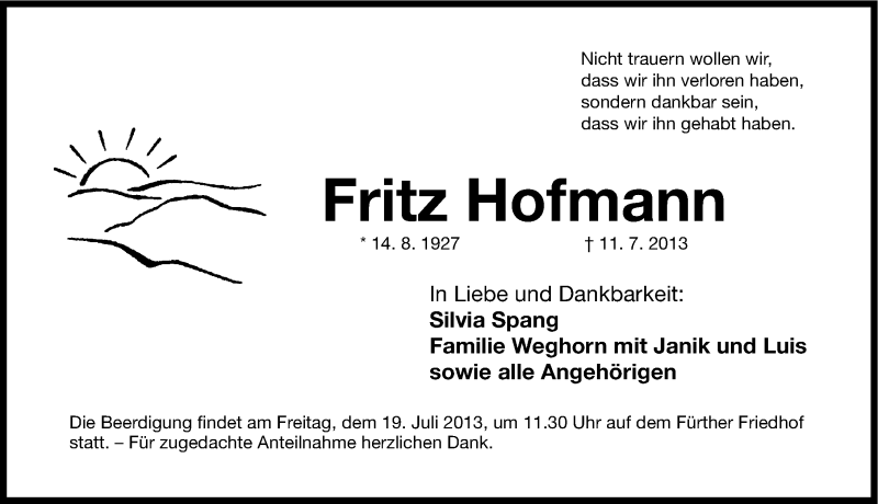  Traueranzeige für Fritz Hofmann vom 16.07.2013 aus Fürther Nachrichten Lokal