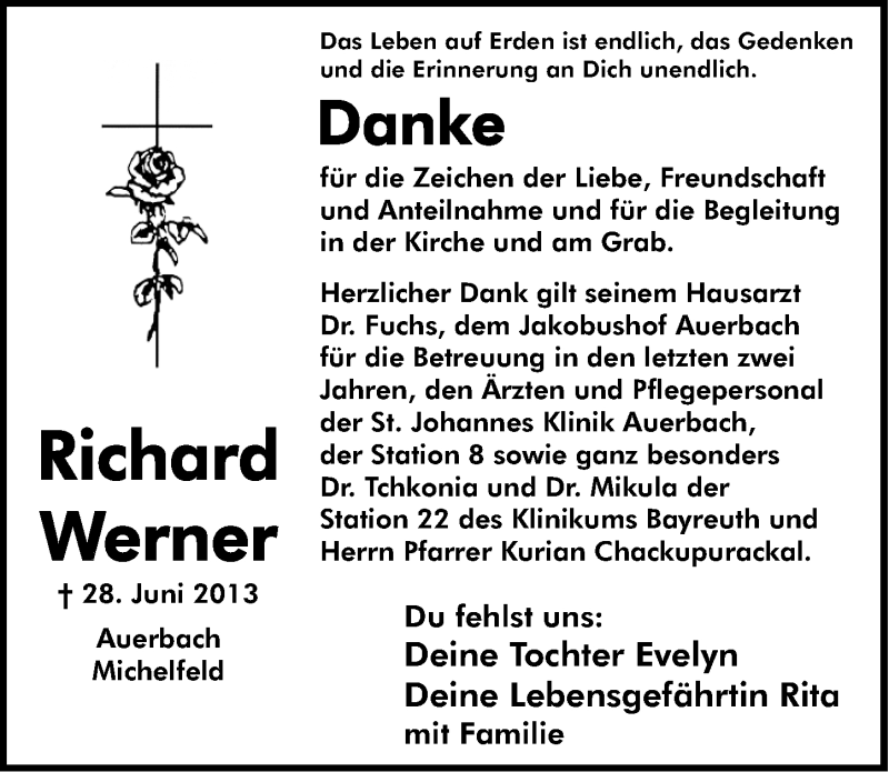  Traueranzeige für Richard Werner vom 20.07.2013 aus Nordbayerische Nachrichten Pegnitz Lokal