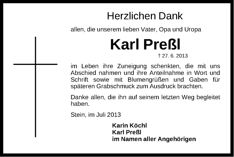  Traueranzeige für Karl Preßl vom 20.07.2013 aus Gesamtausgabe Nürnberger Nachrichten/ Nürnberger Ztg.