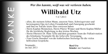 Traueranzeige von Willibald Utz von Neumarkter Nachrichten Lokal