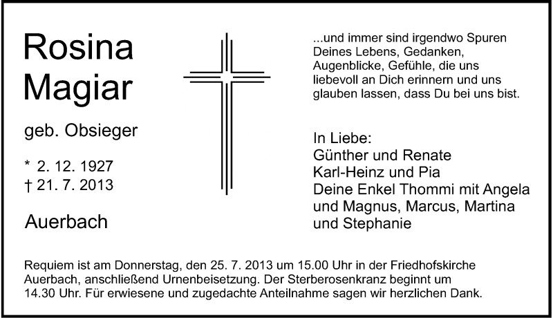  Traueranzeige für Rosina Magiar vom 23.07.2013 aus Nordbayerische Nachrichten Pegnitz Lokal