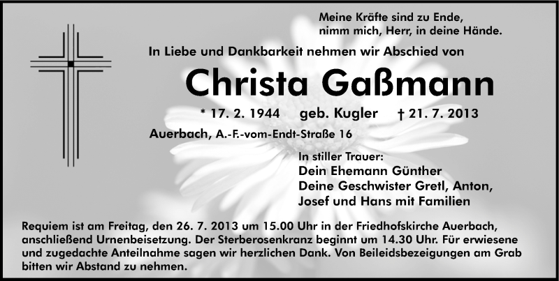  Traueranzeige für Christa Gaßmann vom 23.07.2013 aus Nordbayerische Nachrichten Pegnitz Lokal